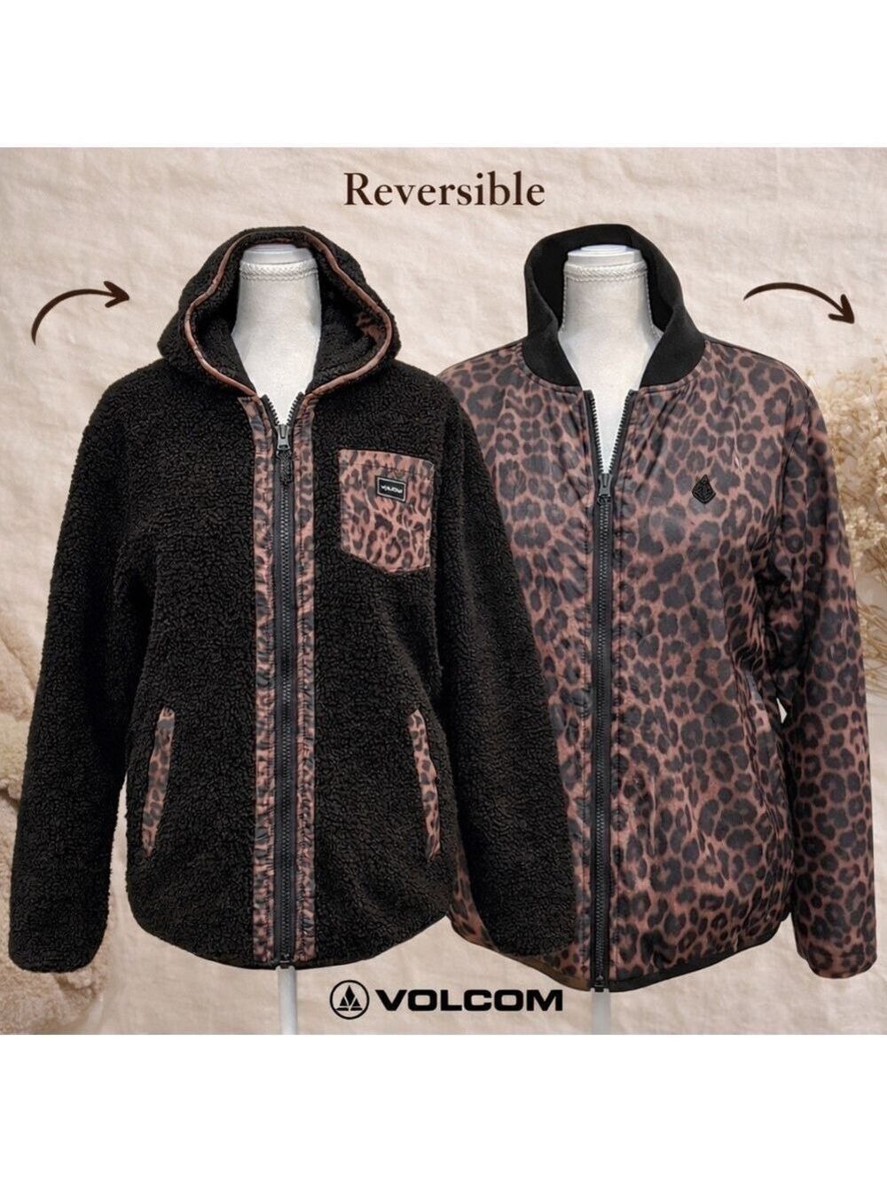 Volcom Fleece Jacket Reversible Sherpa Jacket Leopard Print Water Resistant Med